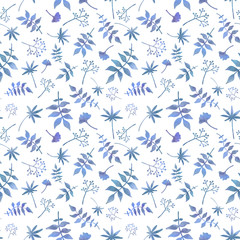 Seamless pattern with blue watercolor drawn leaves. Spring mood background