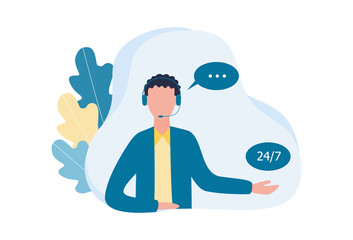 Male call center operator. A man with a wireless headset answers questions from customers and users. Technical support, work 24/7. Vector flat illustration on a white background.