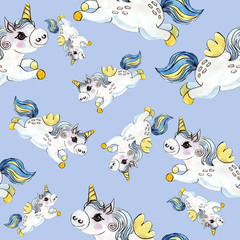 Unicorns. Seamless pattern. Cute children's print, fantasy cartoon. Girlish drawing for the interior. Background, wallpaper. Holiday, mood. children's style. Watercolor illustration by hand. 