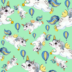 Unicorns. Seamless pattern. Cute children's print, fantasy cartoon. Girlish drawing for the interior. Background, wallpaper. Holiday, mood. children's style. Watercolor illustration by hand.