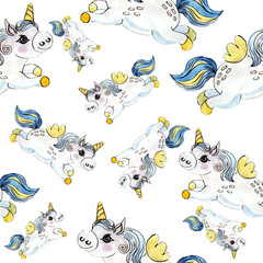 Unicorns. Seamless pattern. Cute children's print, fantasy cartoon. Girlish drawing for the interior. Background, wallpaper. Holiday, mood. children's style. Watercolor illustration by hand. 