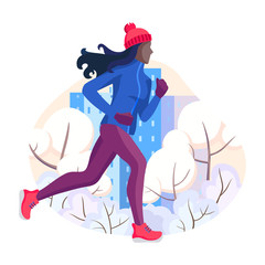 Winter running. The girl runs in winter through the city Park, trees and bushes in the snow. Banner, poster, greeting card of a healthy lifestyle. Vector Illustrtion.