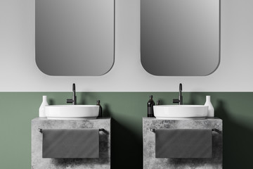 Double sink in white and green bathroom