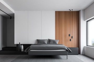 White and wooden master bedroom interior