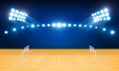 Fototapeta premium Basketball arena field with bright stadium lights design. Vector illumination