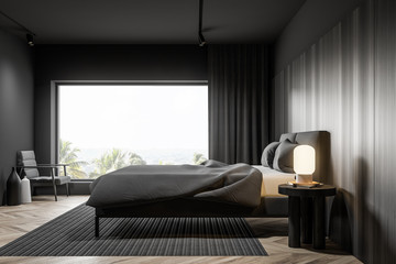 Panoramic gray and wooden bedroom