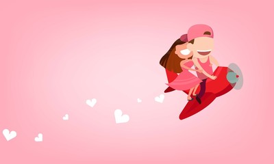 Cute cartoon Wedding couple men and women card drives airplane  launch and heart cloud. Startup - flat design., cute Valentine's Day card