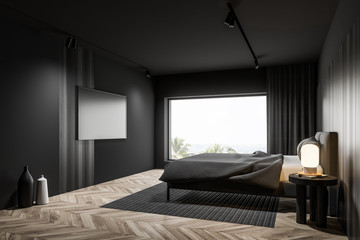 Panoramic gray and wooden bedroom with TV