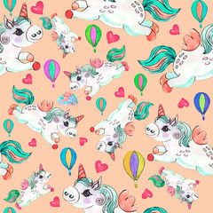 Rainbow and stars. Seamless pattern. Cute children's print, fantasy cartoon. Girlish drawing for the interior. Background, wallpaper. Holiday, mood. children's style. Hand watercolor illustration Seam
