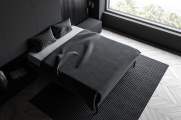 Gray and wooden master bedroom, top view