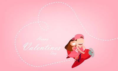 Cute cartoon Wedding couple men and women card drives airplane  launch and heart cloud. Startup - flat design., cute Valentine's Day card