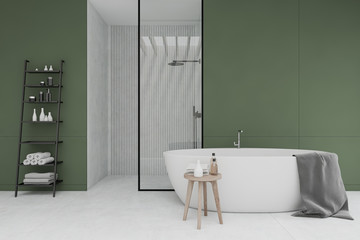 Fototapeta na wymiar White and green bathroom with tub and shower