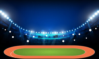 Fototapeta na wymiar Running track arena field with bright stadium lights at night vector design