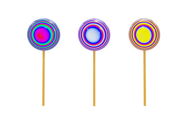 Caramel sweets in the form of a round lollipop on a wooden stick, multicolored abstract spirals. Realistic 3D render, isolate on a white background, blank for festive design.