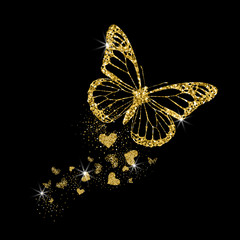 Gold glittering butterfly with hearts. Beautiful golden silhouettes on black background. For Valentines day, wedding invitations, cards, branding, label, banner, concept design. Vector illustration.