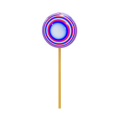 Caramel candy in the form of a round lollipop on a wooden stick, multicolored abstract spirals. Realistic 3D render, isolate on a white background, blank for festive design.