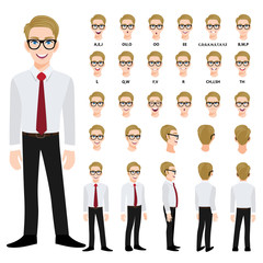 Cartoon character with handsame business man in smart shirt for animation. Front, side, back, 3-4 view character. Separate parts of body. Flat vector illustration. 298