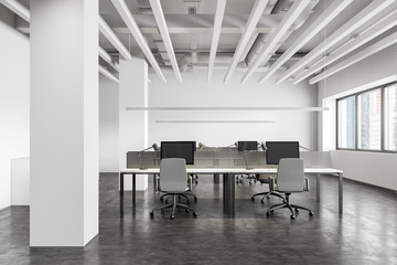 White open space office interior with columns