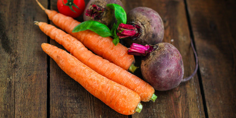 fresh vegetables (beets, carrots, tomatoes and more) menu concept. background. top view. copy space