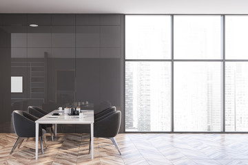 Panoramic gray dining room interior