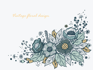 Flower garland template for invitation card. Vintage Floral Background Design. Hand Drawn Bouquet , Leaves, Sprigs, Seeds, Grass. Vector illustration.