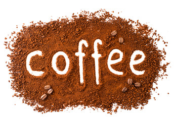 Background of instant coffee with the inscription top view. Isolated