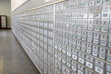 Long Post Office vestibule with mail boxes