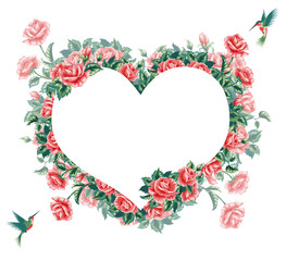 Banner in a shape of heart with red roses. 