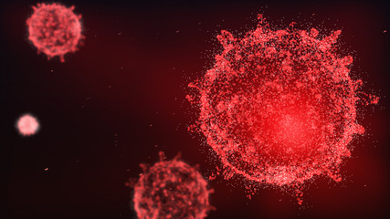 Close up influenza virus in blood vessel. Red abstract plexus wireframe Coronavirus background. Science and medical concept. Micro nucleus of Corona virus cell in human body. 3D illustration graphic - obrazy, fototapety, plakaty