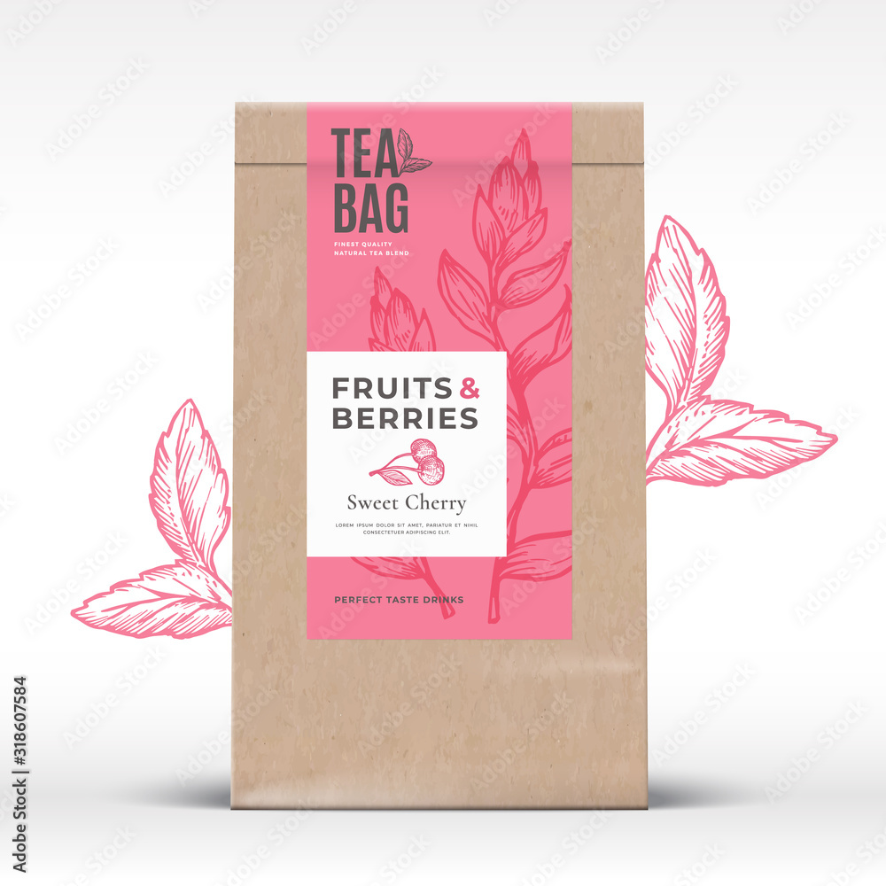 Canvas Prints craft paper bag with fruit and berries tea label. abstract vector packaging design layout with reali