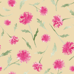 Chrysanthemum pink flowers watercolor painting - hand drawn seamless pattern on beige background