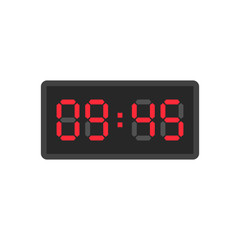 Digital black alarm clock displaying 9:45. Clipart image isolated on white background