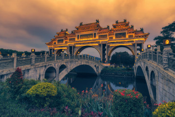 Shunfengshan Park, located at the foot of Taiping Mountain in Shunde District, Foshan City, Guangdong, China. A paifang is a traditional style of Chinese architectural arch or gateway structure. 