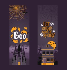 Halloween party invitation, vertical banners, vector illustration. Symbols of halloween celebration, haunted old castle, spooky abandoned house, creepy ghosts and bats. Typographic party invitation
