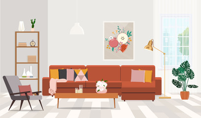 Fashionable living room interior with brown corner sofa with cushions and a painting on the wall