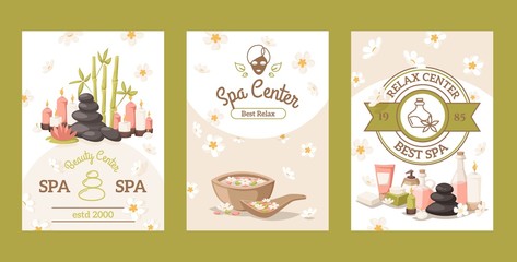 Spa center advertisement banner, vector illustration. Beauty salon invitation, brochure cover, booklet template. Relaxing spa procedures, skincare treatment. Wellness center promotion campaign flyer