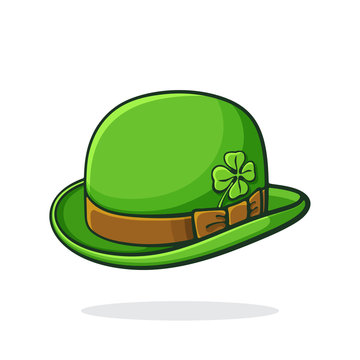 Vector illustration. Isometric view of green retro bowler hat with clover. Saint Patrick's Day symbol. Print for showcase, greeting card. Graphic design with contour. Isolated on white background