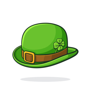 Vector illustration. Isometric view of green retro bowler hat with golden buckle and clover. Saint Patrick's Day symbol. Graphic design with contour. Isolated on white background