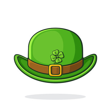 Vector illustration. Front view of green retro bowler hat with golden buckle and clover. Saint Patrick's Day symbol. Graphic design with contour. Isolated on white background