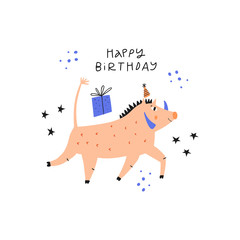 Boar with present flat illustration with typography