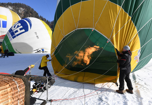 Balloons take off for a joint trip as part of the 19th Alpine Ballooning 2020 in the mountains near Kossen