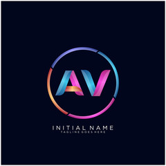 Initial letter AV curve rounded logo, gradient vibrant colorful glossy colors on black background - obrazy, fototapety, plakaty