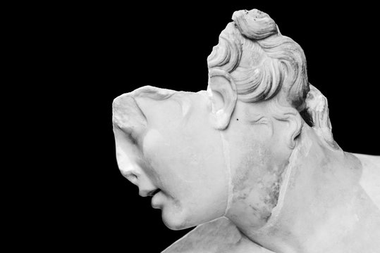Detail of classical roman statue of female head in ruins - black and white photo