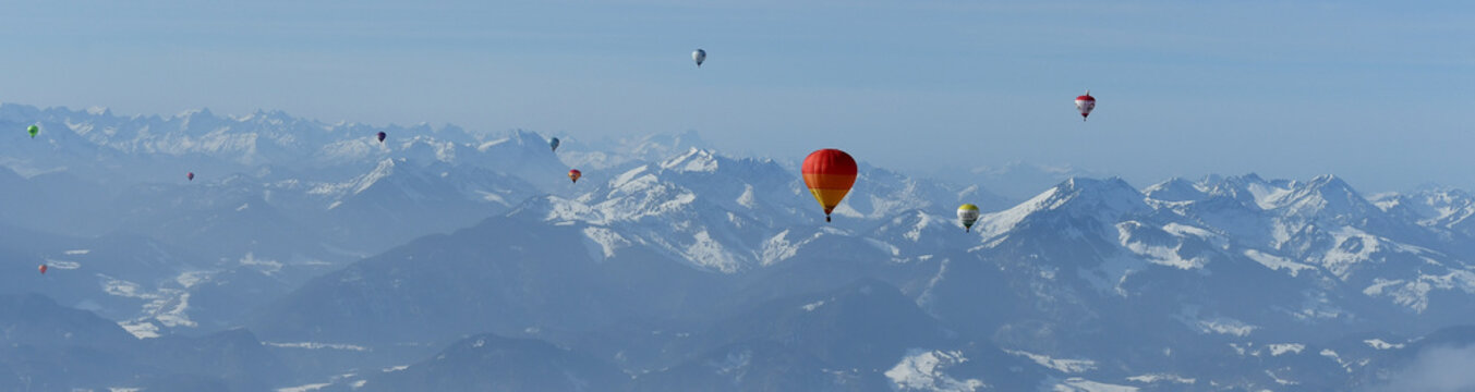 Balloons are in the air during a joint trip as part of the 19th Alpine Ballooning 2020 in the mountains near Kossen