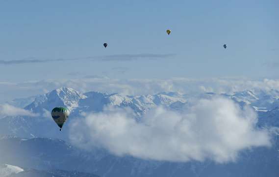 Balloons are in the air during a joint trip as part of the 19th Alpine Ballooning 2020 in the mountains near Kossen