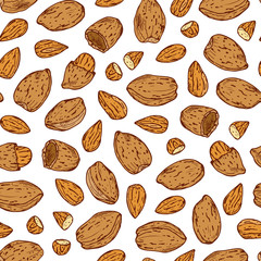 Hand drawn Almonds Seamless pattern. Nuts and kernels. Vector illustration