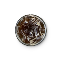 Top view of americano coffee glass shown ice and black coffee isolate on white background