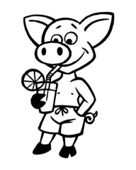 Piggy mascot in swimsuit drinking a mixed drink with a slice of orange black and white clipart
