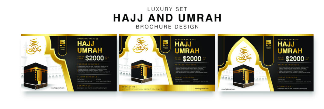 LUXURY SET OF HAJJ AND UMRAH BROCHURE DESIGN IN BLACK AND GOLD COLOR. Modern vector. Presentation templates, corporate.  Brochure cover design. Fancy info banner frame