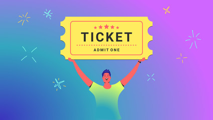 One ticket admission concept vector illustration of young man holds over his head big ticket for movie